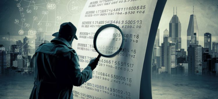 Investigador analisando documento com lupa representando uma auditoria de fraude