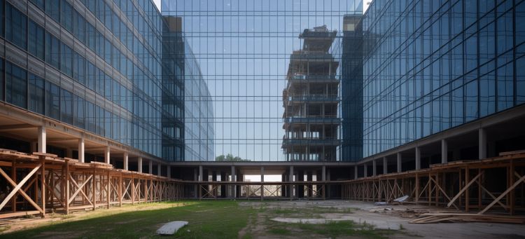 Imagem de um edifício corporativo de vidro imponente e moderno, revelando estrutura frágil de madeira, como um programa de Compliance de Fachada.