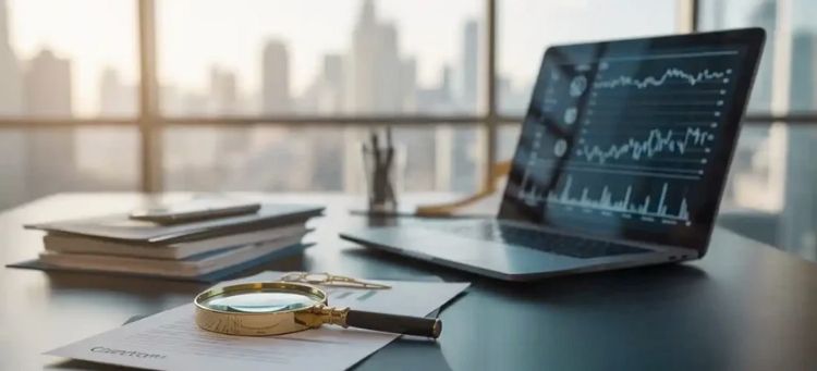 Escritório com laptop sobre a mesa e lupa sob o papel da auditoria na adaptação às novas regulamentações financeiras, artigo impresso do site da Premiumbravo