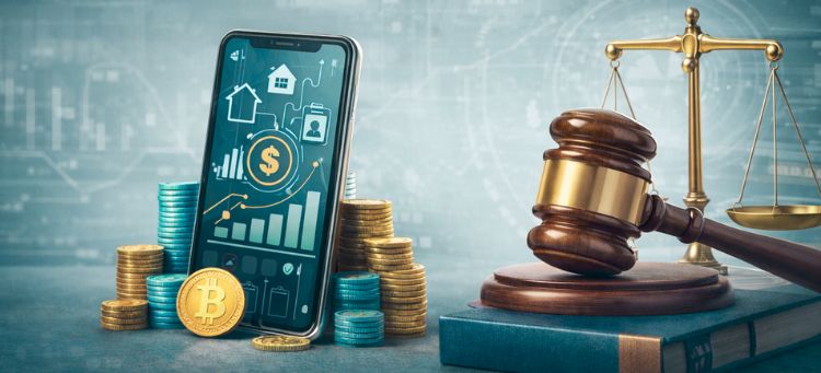 Representação de fintechs e IPs (instituições de pagamento) com a tela de aplicativo financeiro e elementos que remetam a regulação e governança e compliance bancário